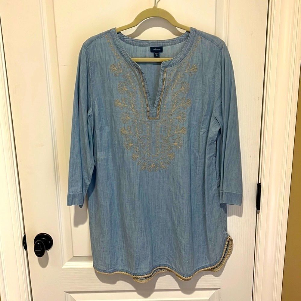 New J.Jill Denim Tunic with embroidery trim